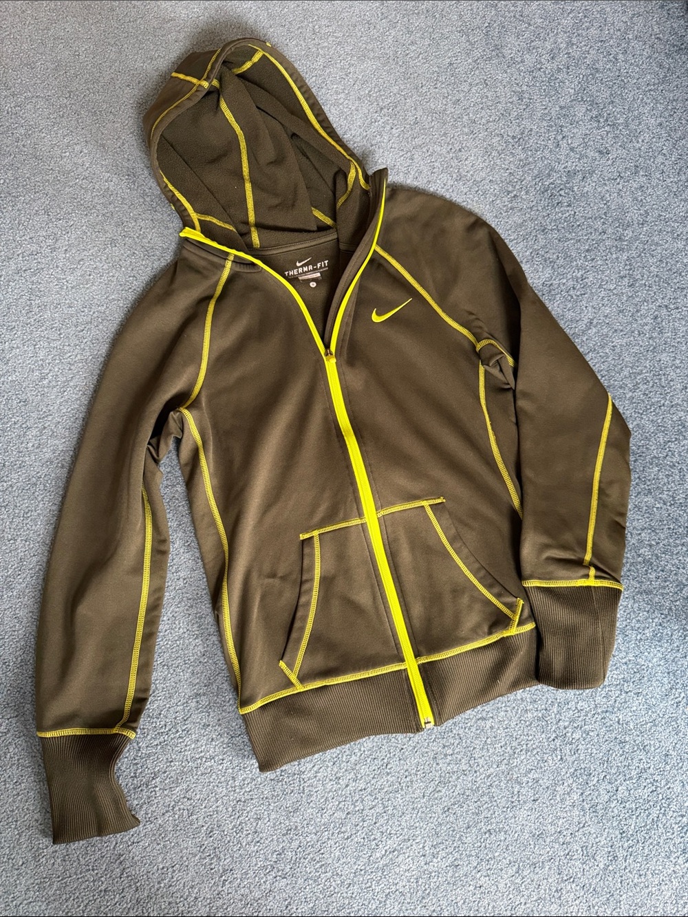 Nike Olive Green Thermafit Hoodie Jacket with Neon Yellow Trim
